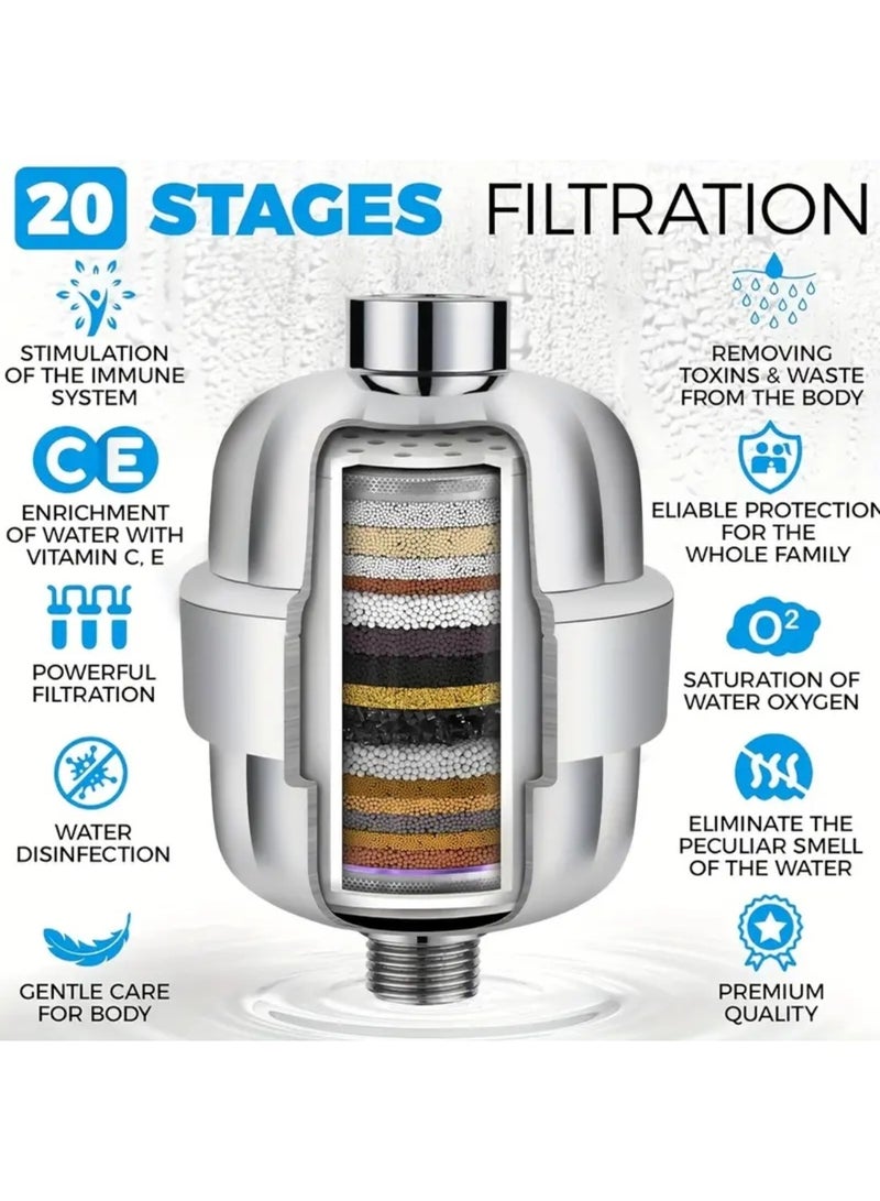 فلتر دش من 20 مرحلة - فلتر رأس دش للمياه العسرة، فلتر مياه دش عالي الإنتاجية لإزالة الكلور والفلورايد، كروم مصقول - Image 2