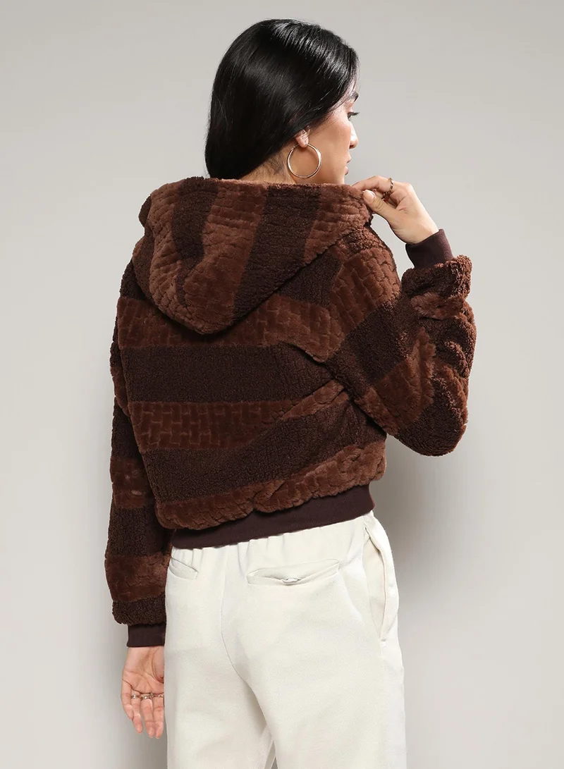 Campus Sutra Women's Chocolate Brown Fleece Horizontal Striped Jacket For Casual Wear | Hooded Neck | Long Sleeve | Zipper Closure | Jacket Crafted With Comfort Fit For Everyday Wear
