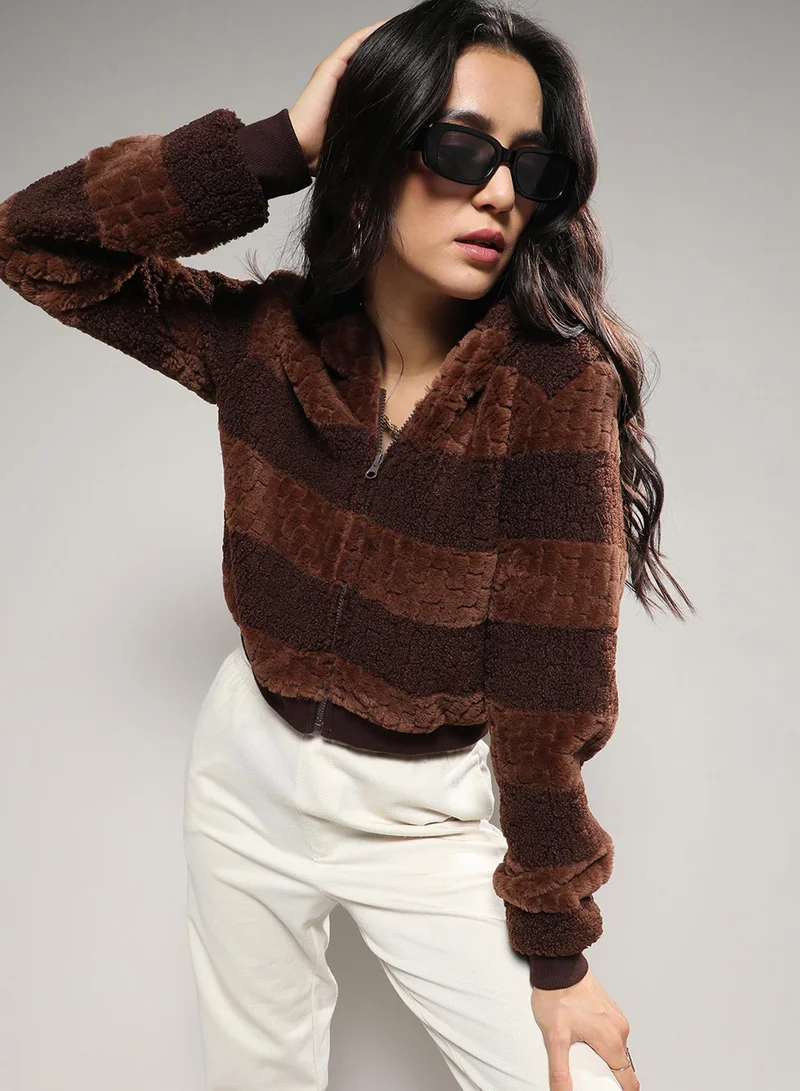 Campus Sutra Women's Chocolate Brown Fleece Horizontal Striped Jacket For Casual Wear | Hooded Neck | Long Sleeve | Zipper Closure | Jacket Crafted With Comfort Fit For Everyday Wear