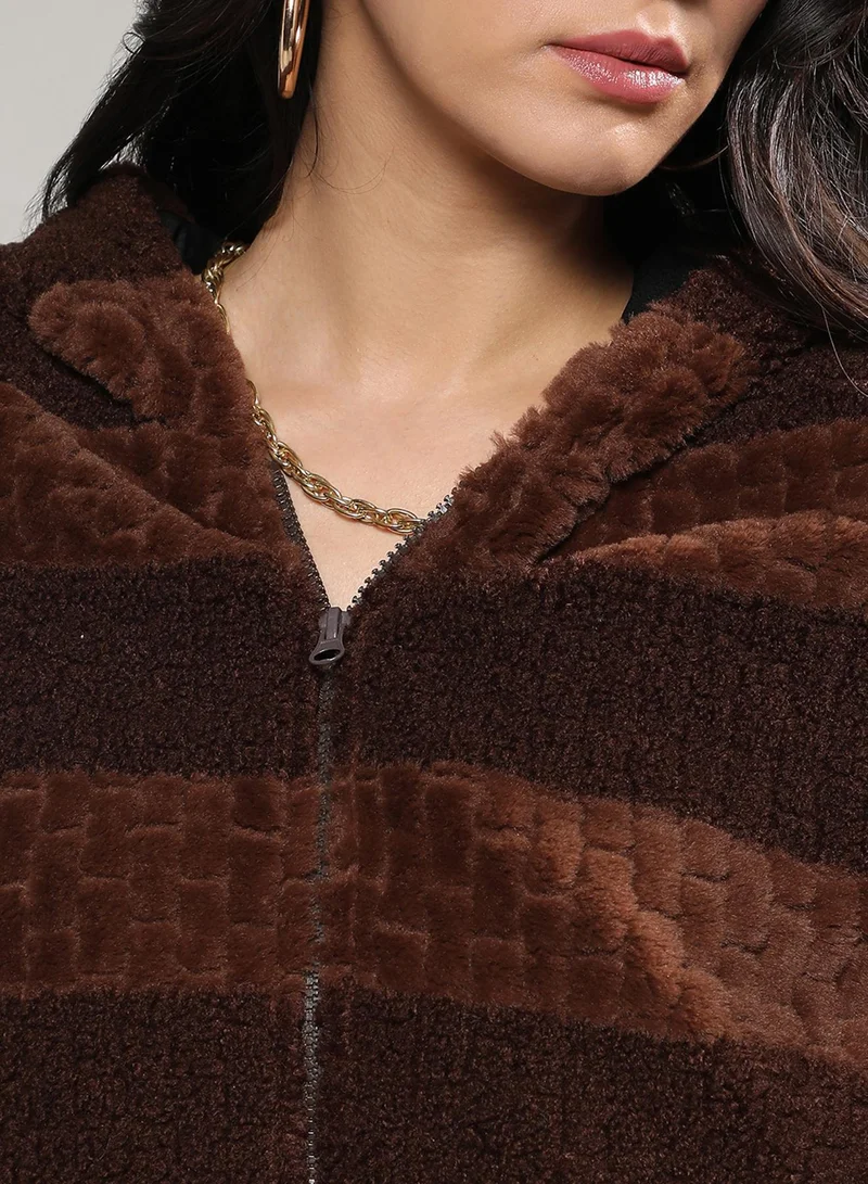 Campus Sutra Women's Chocolate Brown Fleece Horizontal Striped Jacket For Casual Wear | Hooded Neck | Long Sleeve | Zipper Closure | Jacket Crafted With Comfort Fit For Everyday Wear