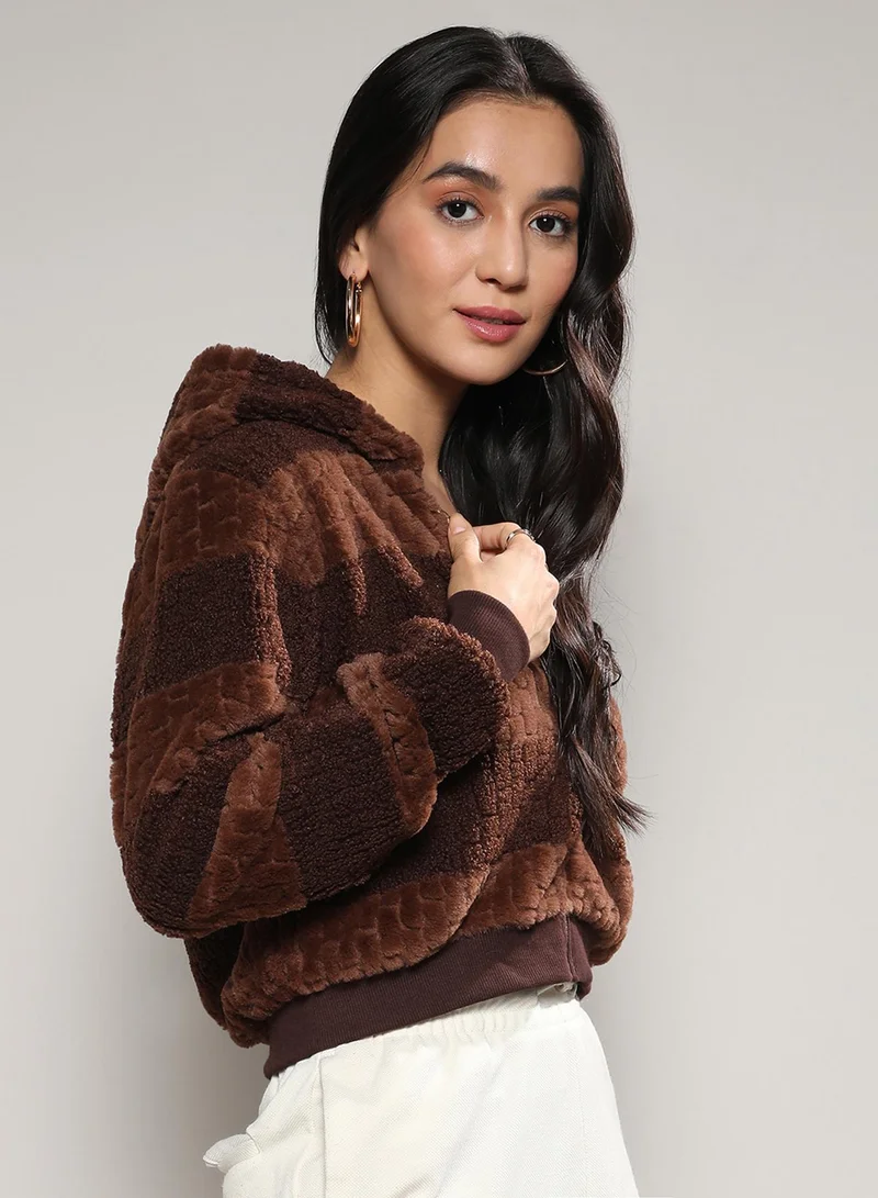 Campus Sutra Women's Chocolate Brown Fleece Horizontal Striped Jacket For Casual Wear | Hooded Neck | Long Sleeve | Zipper Closure | Jacket Crafted With Comfort Fit For Everyday Wear