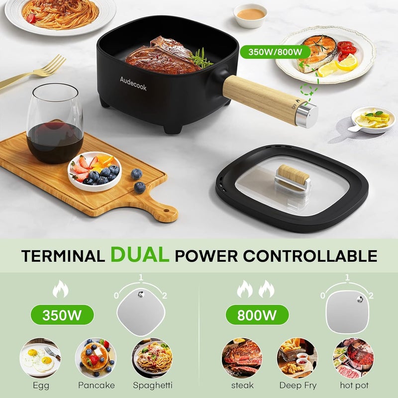 Audecook قدر أوديكوك الكهربائي، مقلاة غير لاصقة مطلية بالسيراميك، طباخ متعدد ال��ستخدامات للسفر، مناسب للرامن، الستيك، البيض، الأرز المقلي، الشوفان، الحساء، 350 واط/800 واط (D(أسود/2 لتر مع سلة بخار)) - Image 2