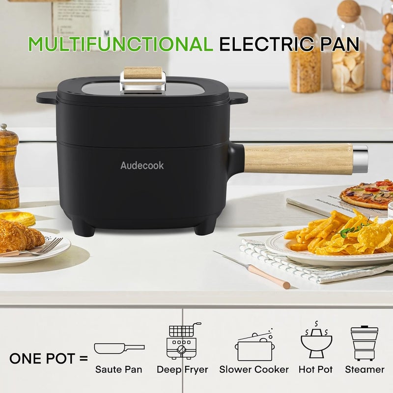 Audecook قدر أوديكوك الكهربائي، مقلاة غير لاصقة مطلية بالسيراميك، طباخ متعدد ال��ستخدامات للسفر، مناسب للرامن، الستيك، البيض، الأرز المقلي، الشوفان، الحساء، 350 واط/800 واط (D(أسود/2 لتر مع سلة بخار)) - Image 3