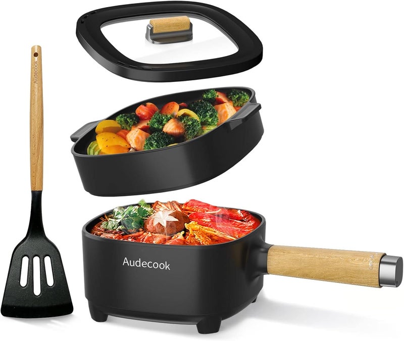 Audecook قدر أوديكوك الكهربائي، مقلاة غير لاصقة مطلية بالسيراميك، طباخ متعدد ال��ستخدامات للسفر، مناسب للرامن، الستيك، البيض، الأرز المقلي، الشوفان، الحساء، 350 واط/800 واط (D(أسود/2 لتر مع سلة بخار)) - Image 1
