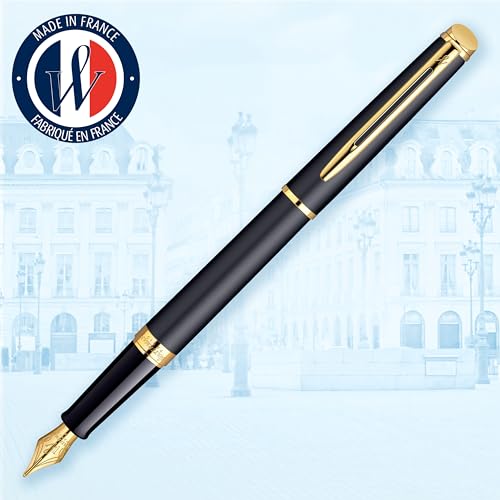 Waterman Hemisphere Fountain Pen, Matte Black with 23k Gold Trim, Medium Nib with Blue Ink Cartridge, Gift Box - Image 2
