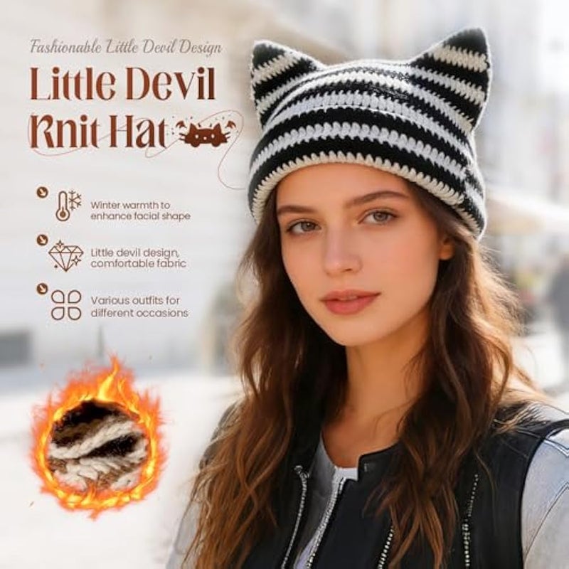 Cat Ear Beanie for Women, Crochet Knit Cat Hat, Soft Slouchy Grunge-Style Beanie for Casual Wear - Image 2