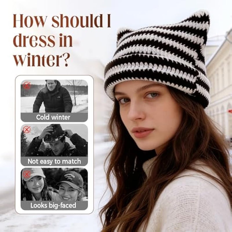 Cat Ear Beanie for Women, Crochet Knit Cat Hat, Soft Slouchy Grunge-Style Beanie for Casual Wear - Image 3