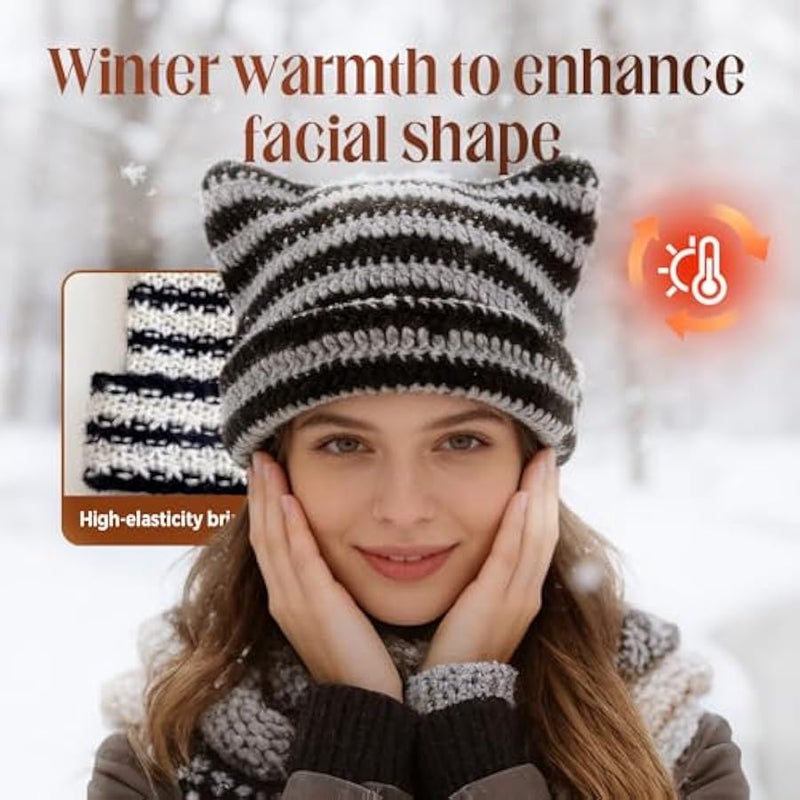 Cat Ear Beanie for Women, Crochet Knit Cat Hat, Soft Slouchy Grunge-Style Beanie for Casual Wear - Image 4