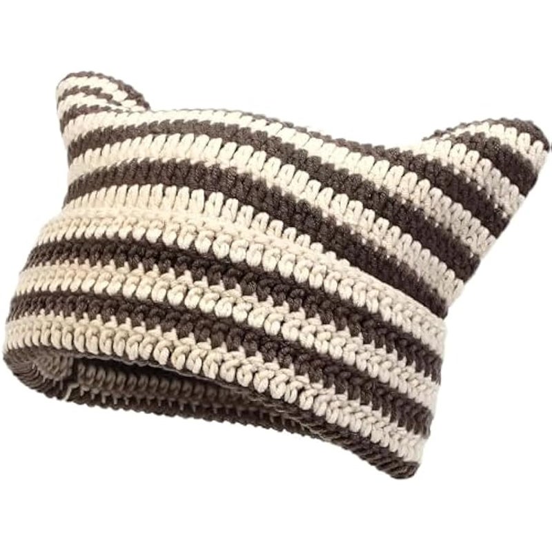 Cat Ear Beanie for Women, Crochet Knit Cat Hat, Soft Slouchy Grunge-Style Beanie for Casual Wear - Image 1