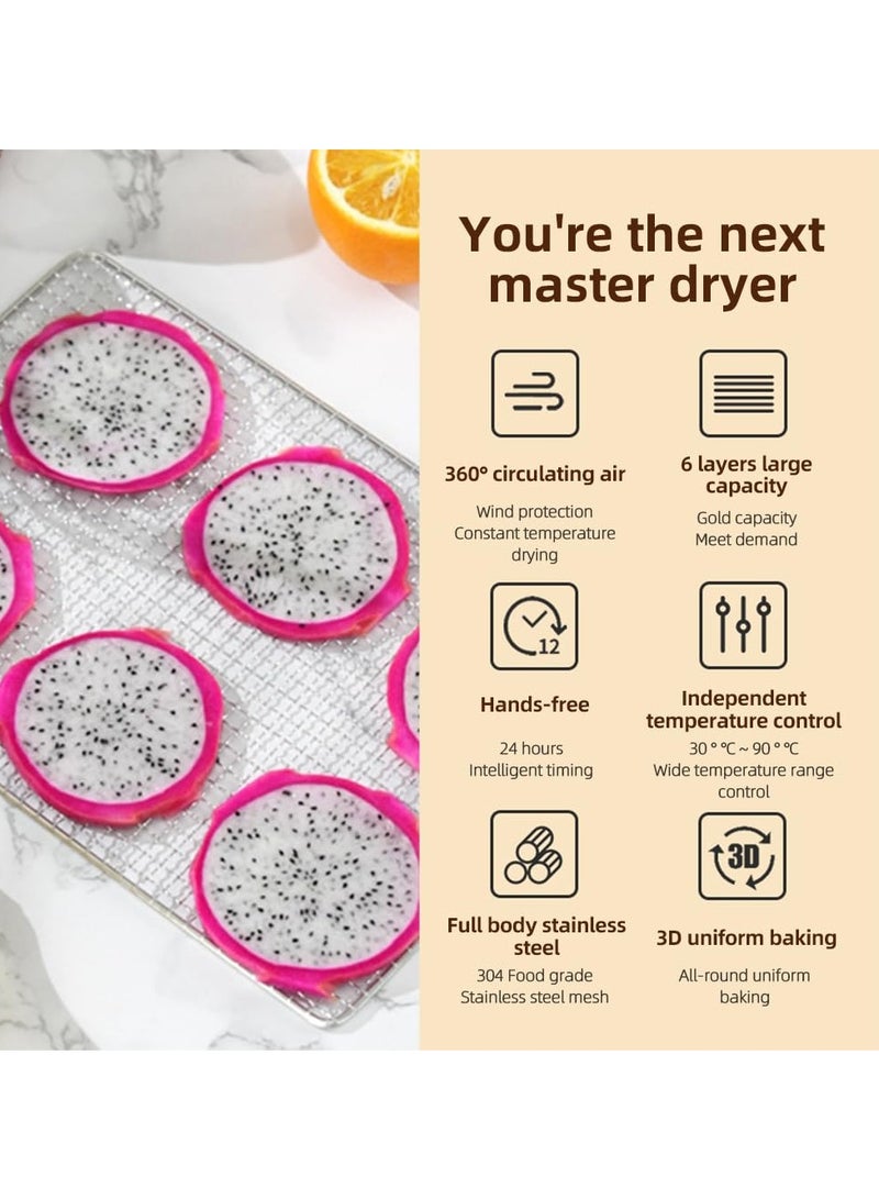 جوشبيرغ ماكينة تجفيف طعام الفواكه، مجففات كهربائية مع شاشة تعمل باللمس، 6 صواني من الفولاذ المقاوم للصدأ، مؤقت رقمي قابل للتعديل 24 ساعة وتحكم في درجة الحرارة 30-90 درجة مئوية - Image 4