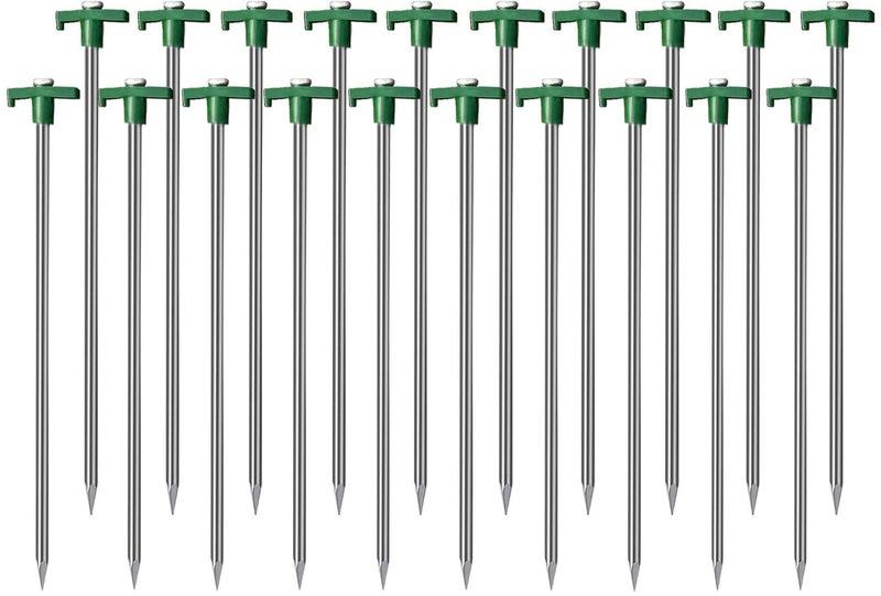 Cheardia 20 Pack Tent Stakes Heavy Duty  10.25 Inch Yard Stakes Non-Rust Metal Tent Pegs Ground Stakes Tent Spikes For Camping Patio  Garden  Canopies  Grassland  Outdoor Green - Image 1
