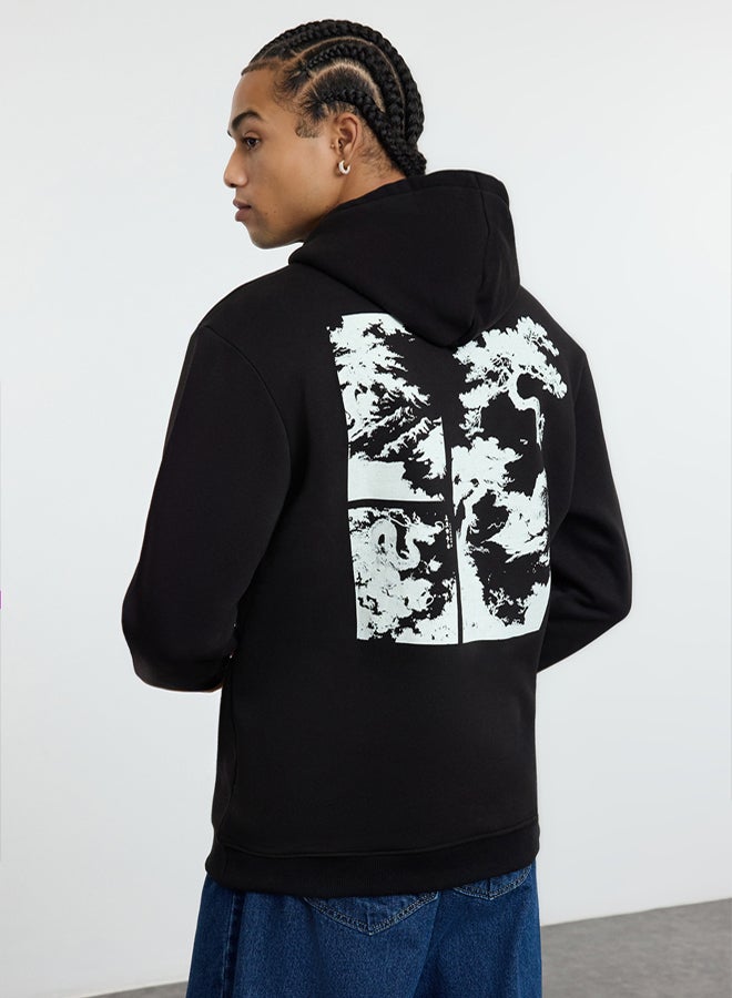 trendyol Black Regular Cut Hooded Polar Fleece Inside Front & Back Printed Sweatshirt TMNAW25SW00066 - Image 1