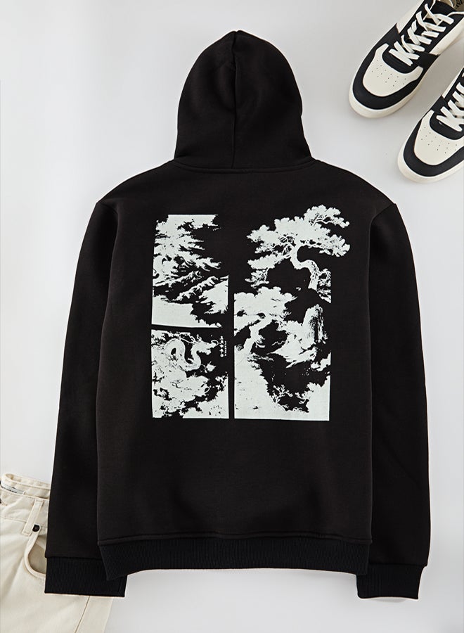 trendyol Black Regular Cut Hooded Polar Fleece Inside Front & Back Printed Sweatshirt TMNAW25SW00066 - Image 5