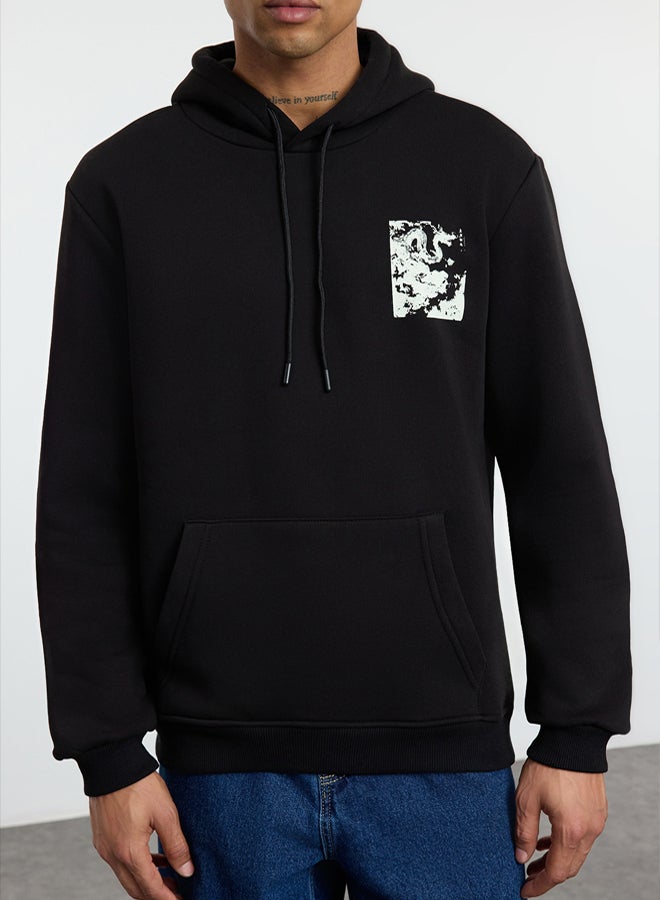 trendyol Black Regular Cut Hooded Polar Fleece Inside Front & Back Printed Sweatshirt TMNAW25SW00066 - Image 3