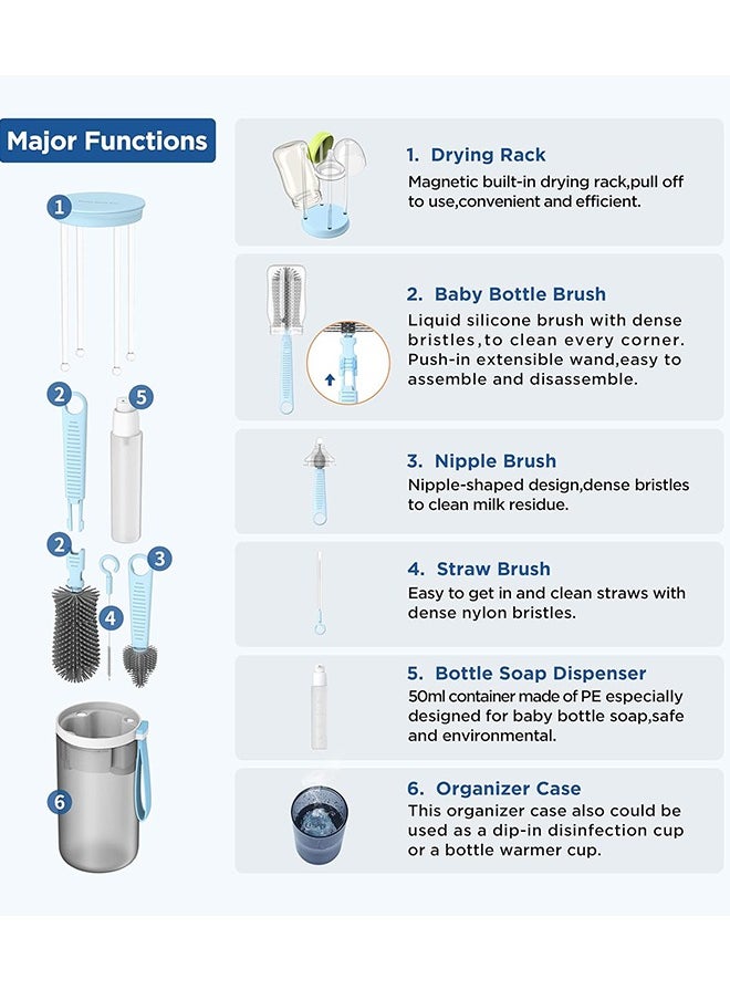 Super ZYouth Portable Bottle Brush Cleaner Set, Travel Bottle Cleaner Kit for Baby with Silicone Bottle, Nipple and Straw Brush, Stirring Head, Soap Dispenser, Drying Rack and Storage Box, Blue  - Image 3