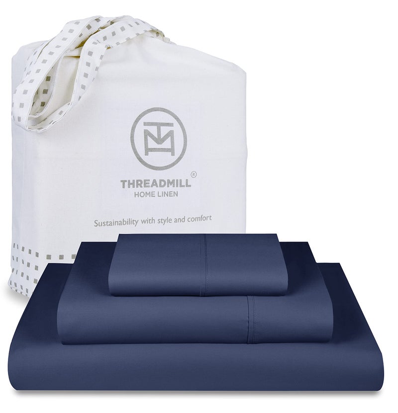 Threadmill Luxury 800 Thread Count Twin 100 Cotton Sheets  Folkstone Blue Sateen Weave BedSheets Better Than Egyptian Cotton3 Pc Solid Soft Bedding Set Fits 15 Deep Pocket