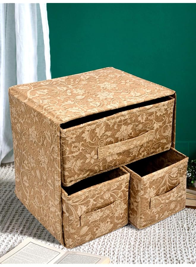 Kuber Industries Industries Metallic Print 2 Layer 3 Drawer Fabric Cube Foldable Storage Organizer Box Dressing Jewellery Organizer (Beige 31 X 22 X 30 Cm) - Image 1