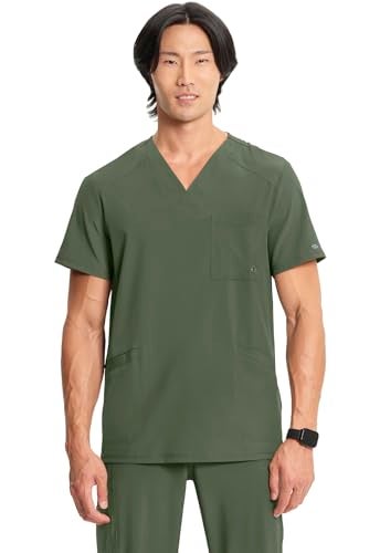 Cherokee Infinity V- Neck Men's Scrub Top with Rib Knit Back Panels CK900A, L, Olive - Image 1