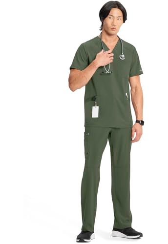 Cherokee Infinity V- Neck Men's Scrub Top with Rib Knit Back Panels CK900A, L, Olive - Image 3