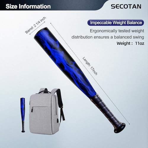 SECOTAN Baseball Bat, Aluminum One Hand Training Bat, Baseball/Softball/Teeball Mini Training Bats, Batting Practice, Tire Pressure Checker, Multi-Purpose Bats for Versatile Use (17inch | Blue Flame) - Image 2