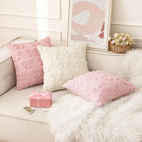 MIULEE Cream White Bow Pillow Covers Coquette Room Decor Aesthetic Set of 2 Spring Decorative Cute Girl Soft Plush Faux Pillowcase for Preppy Room Decor Bedroom Couch18x18 Inch - Image 3