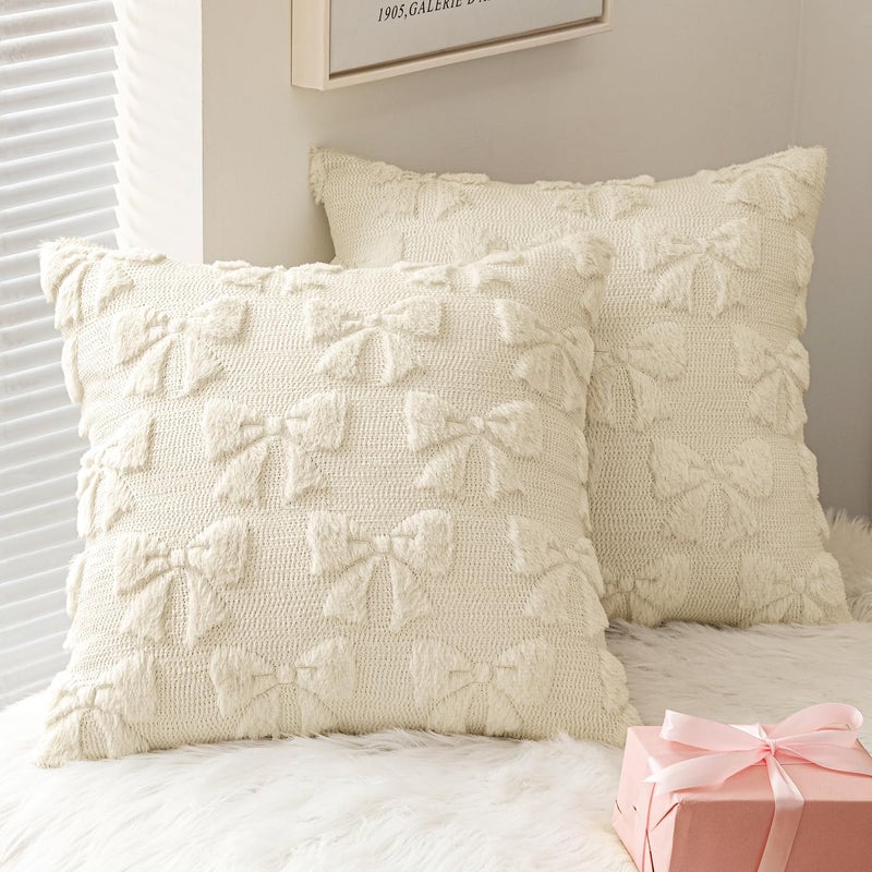 MIULEE Cream White Bow Pillow Covers Coquette Room Decor Aesthetic Set of 2 Spring Decorative Cute Girl Soft Plush Faux Pillowcase for Preppy Room Decor Bedroom Couch18x18 Inch - Image 2