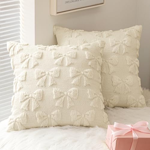 MIULEE Cream White Bow Pillow Covers Coquette Room Decor Aesthetic Set of 2 Spring Decorative Cute Girl Soft Plush Faux Pillowcase for Preppy Room Decor Bedroom Couch18x18 Inch - Image 1
