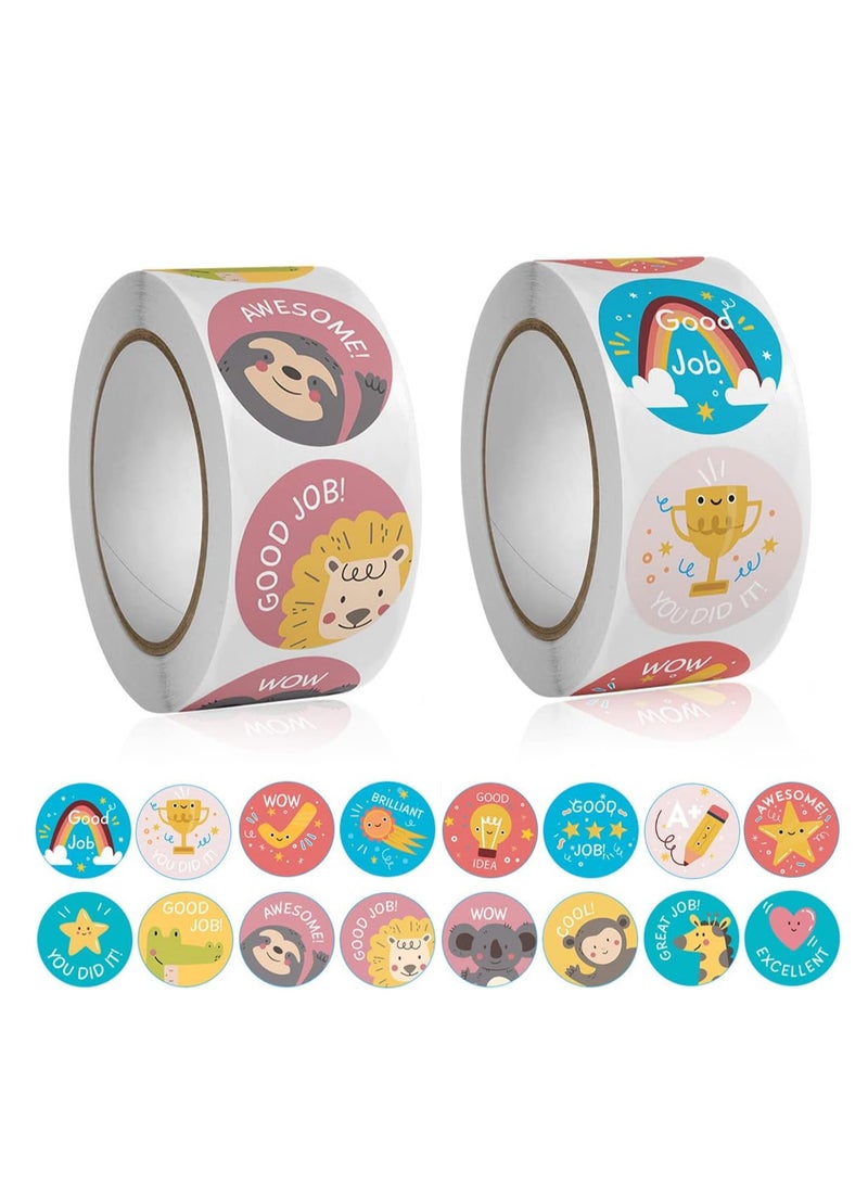 ECVV ملصقات مكافأة ECVV 1000 قطعة لمعلمي ملصقات الحوافز لوازم الفصول الدراسية ملصقات تحفيزية ملصقات جوائز العمل المدرسي تدريب مدرسي للأطفال تصميم كرتوني لطيف مستدير - 2 لفة - Image 1