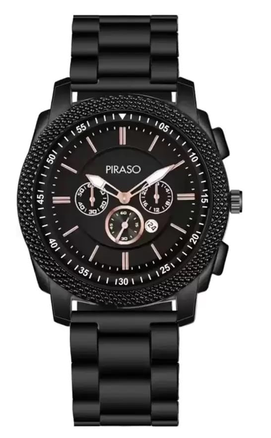 PIRASO Stainless Steel Stunning Look Chrono Working Black Dial With Black Chain Analog Watch For Men - Image 1