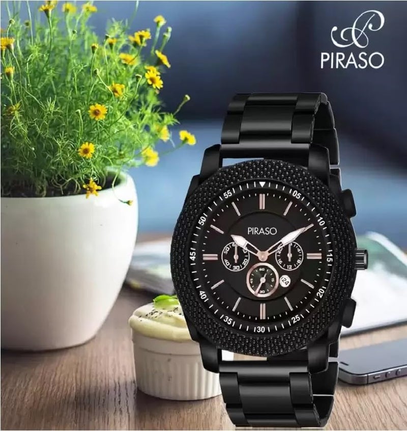 PIRASO Stainless Steel Stunning Look Chrono Working Black Dial With Black Chain Analog Watch For Men - Image 2