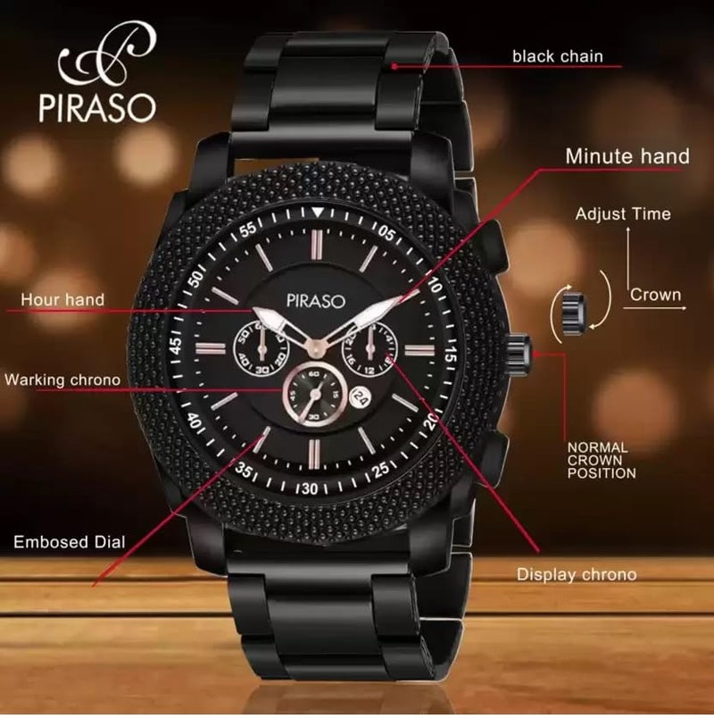 PIRASO Stainless Steel Stunning Look Chrono Working Black Dial With Black Chain Analog Watch For Men - Image 5