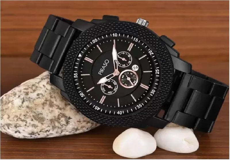 PIRASO Stainless Steel Stunning Look Chrono Working Black Dial With Black Chain Analog Watch For Men - Image 3