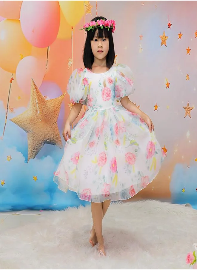 babyqlo Charming Floral Print Puff Sleeve Party Dress