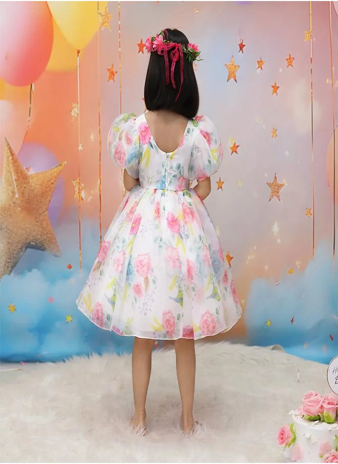 babyqlo Charming Floral Print Puff Sleeve Party Dress