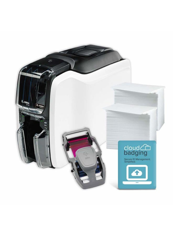 Zebra Technologies Zebra ZC100 LT ID Card Printer - Complete Supplies Package with CloudBadging Software, Blank Cards, and Ribbon - Image 1