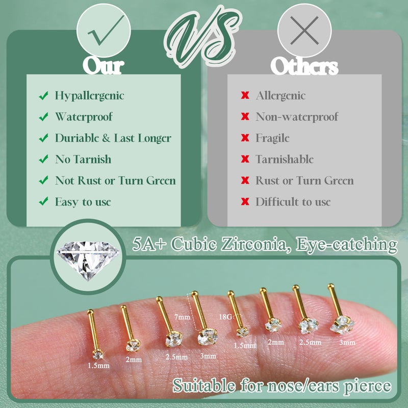 Jstyle 18G 14K Gold Stainless Steel Bone Shaped Nose Studs Rings CZ Nose Ring Labret Nose Piercing Jewelry for Men Women - Image 2