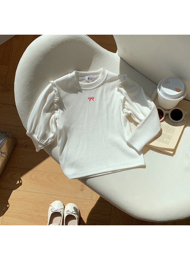 Girls' Bottoming Shirt Korean Style Spring New Embroidered Bow Top Girls Round Neck Small And Medium-sized Kidsren's T-shirt