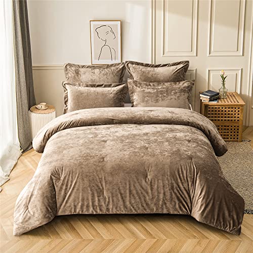 Fredsure Distressed Velvet Comforter Set, 5 Pieces Khaki King, Distressed Velvet Face and Brushed Microfiber Reverse - Image 1