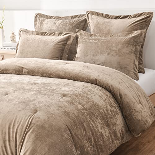 Fredsure Distressed Velvet Comforter Set, 5 Pieces Khaki King, Distressed Velvet Face and Brushed Microfiber Reverse - Image 3
