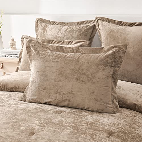 Fredsure Distressed Velvet Comforter Set, 5 Pieces Khaki King, Distressed Velvet Face and Brushed Microfiber Reverse - Image 4