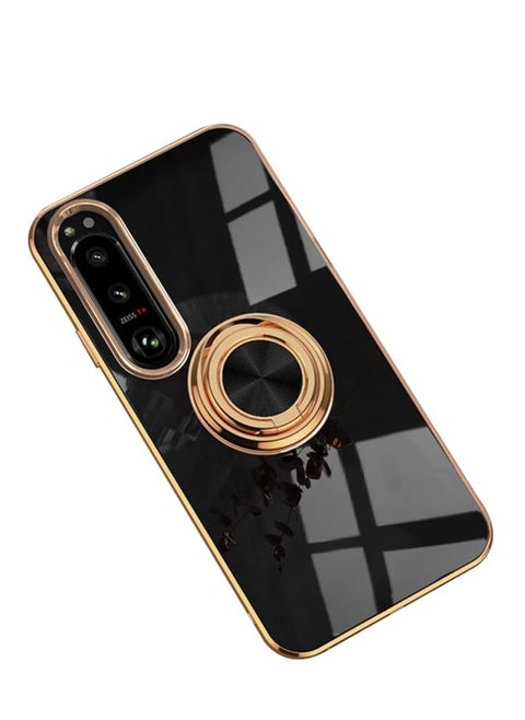 Plated case for Sony Xperia 1V/ 5V/10V, ultra-thin transparent case, metal ring magnet for car mount soft TPU shock case