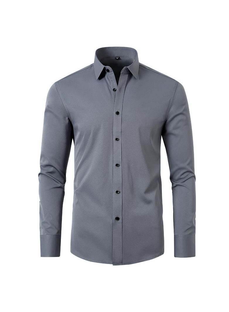 Loquat Men's Elastic Long Sleeve Shirt Solid Youth Men's Wear Non iron Shirt Grey - Image 1