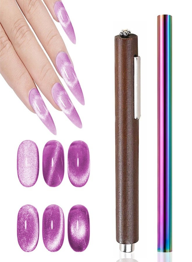 JERCLITY 2 Pieces Cat Eye Magnet for Nails Wooden Handle 3 in 1 Cylindrical Nail Art Magnet Aurora Color Double-Ended Cylindrical Powerful Nail Art Magnet for Cat Eye Gel Polish Nail Art - Image 1