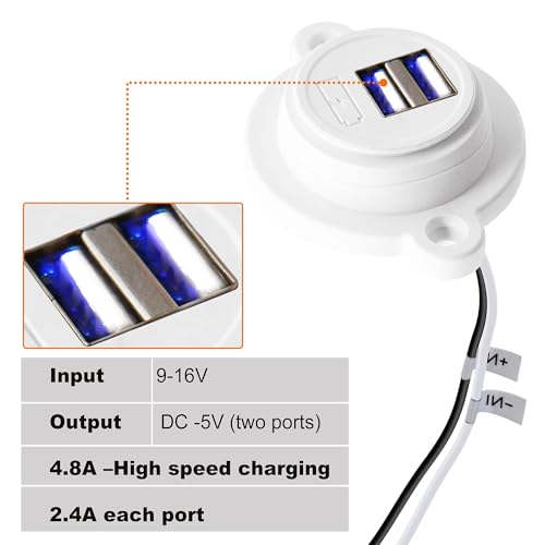 Facon 12V RV USB Charger Socket, Dual RV USB Outlet (5V / 2.4A), Super Slim Wall Mount 12V USB Outlet, for RV Trailer Camper Boat Marine Motorhome, White - Image 4