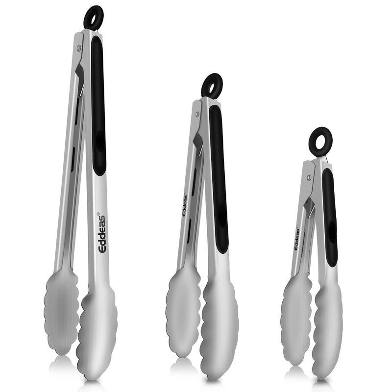 Eddeas Tongs For Cooking - Heat Resistant 600 Degrees Stainless Steel Kitchen Tong,Heavy Duty Metal Locking Tongs - Perfect for Food,Salad and BBQ set of 3 (7",9" and 12") Dishwasher - Image 1