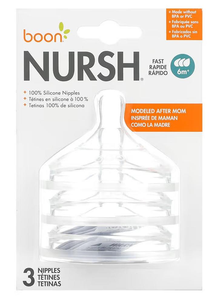 BOON Nursh Silicone Baby Bottle Nipples - Bottle Nipples for Boon Nursh Baby Bottles - Baby Bottle-Feeding Supplies - Fast Flow Baby Bottle Nipples - 3 Count - Image 1