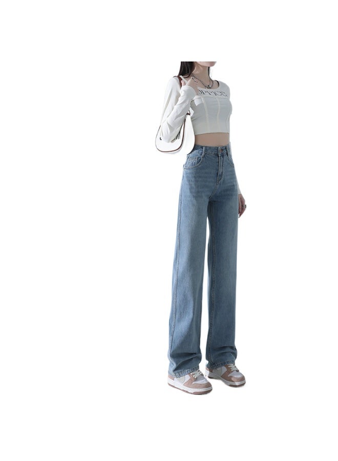 هابي بنطلون جينز ريترو أزرق ضيق واسع الأرجل للنساء خريف جديد عالي الخصر نحيف متدلي فضفاض مستقيم الأرجل - Image 1