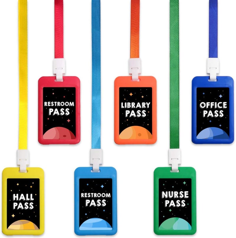Fun-Plus Hall Pass Lanyards Unbreakable Plastic School Passes Set for Teachers and Classroom Supplies Including Hall Passes of Nurse, Restroom, Library, Office(6 Pack) - Image 1