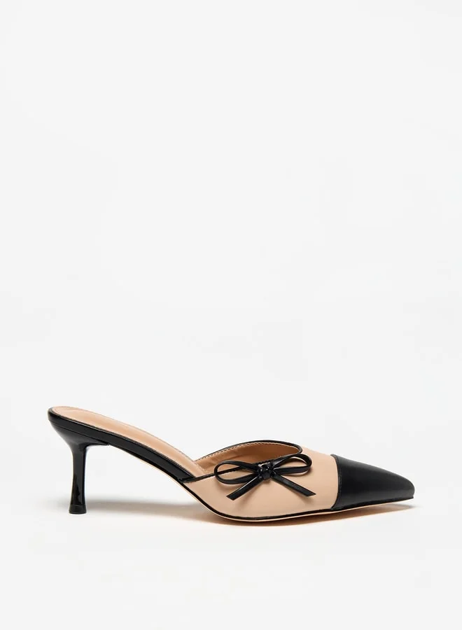 Flora Bella By Shoexpress Women Dual Tone Slip-On Mules with Kitten Heels and Bow Applique