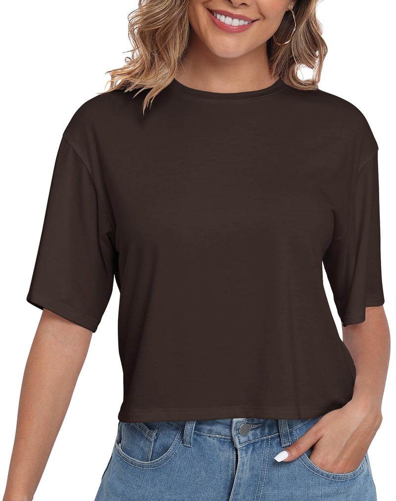 PRIMODA Women's Loose Fit Cropped T Shirts Crew Neck Half Sleeve Crop Tops Tee Shirts (Brown S) - Image 1